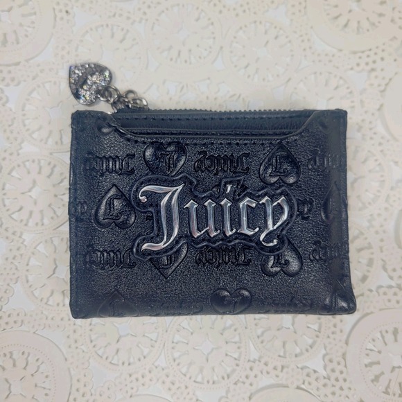 Juicy Couture Handbags - Juicy Couture Black Embossed Compact Folding Wallet Rhinestone Heart Charm